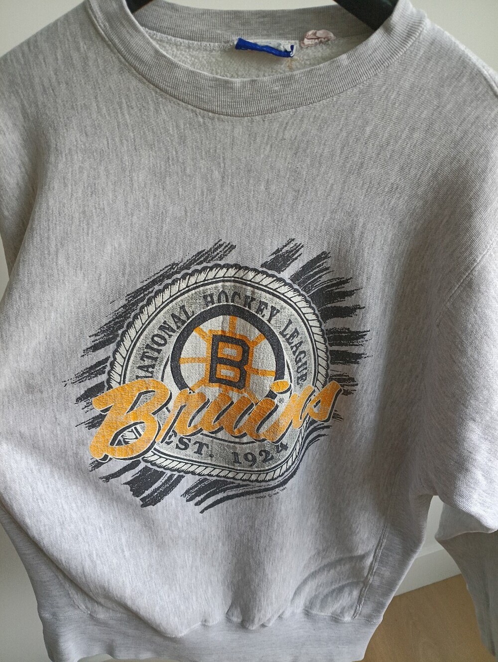 VTG 1991 Boston Bruins NHL Trench Crewneck Sweatshirt XL Distressed Grey - Picture 2 of 11